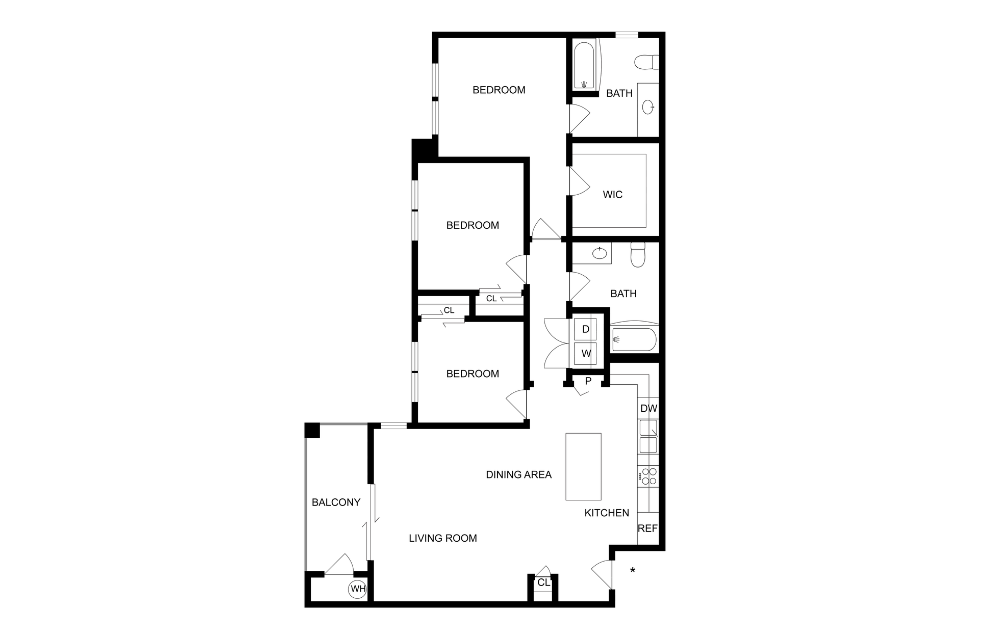 C1 - 3 bedroom floor plans layout with 2 bathrooms and 1337 square feet (2D)