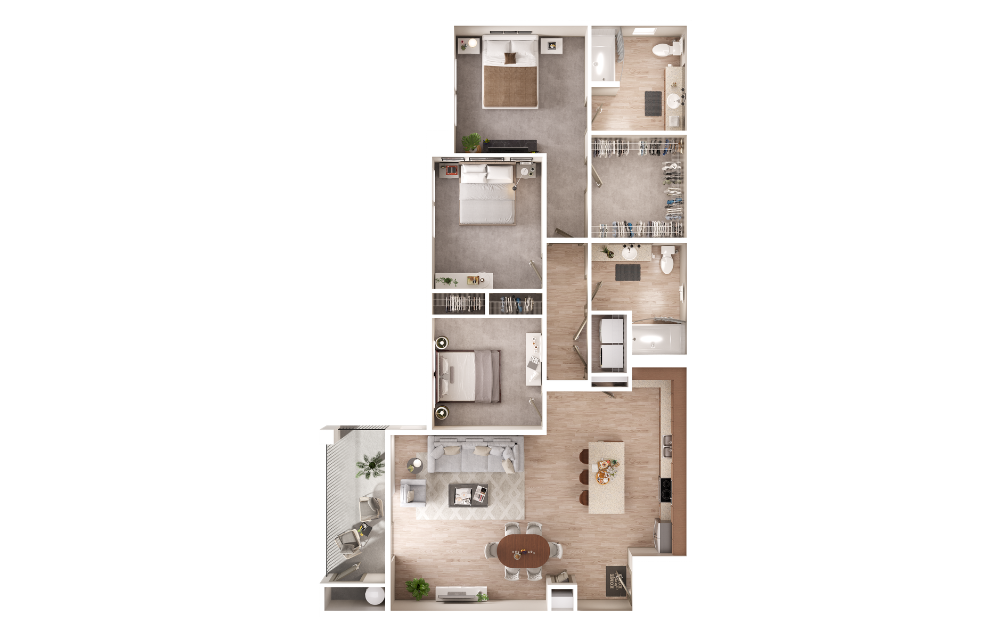 C1 - 3 bedroom floor plans layout with 2 bathrooms and 1337 square feet (3D)