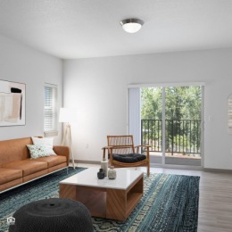 living room with a large window, couch, chair and coffee table