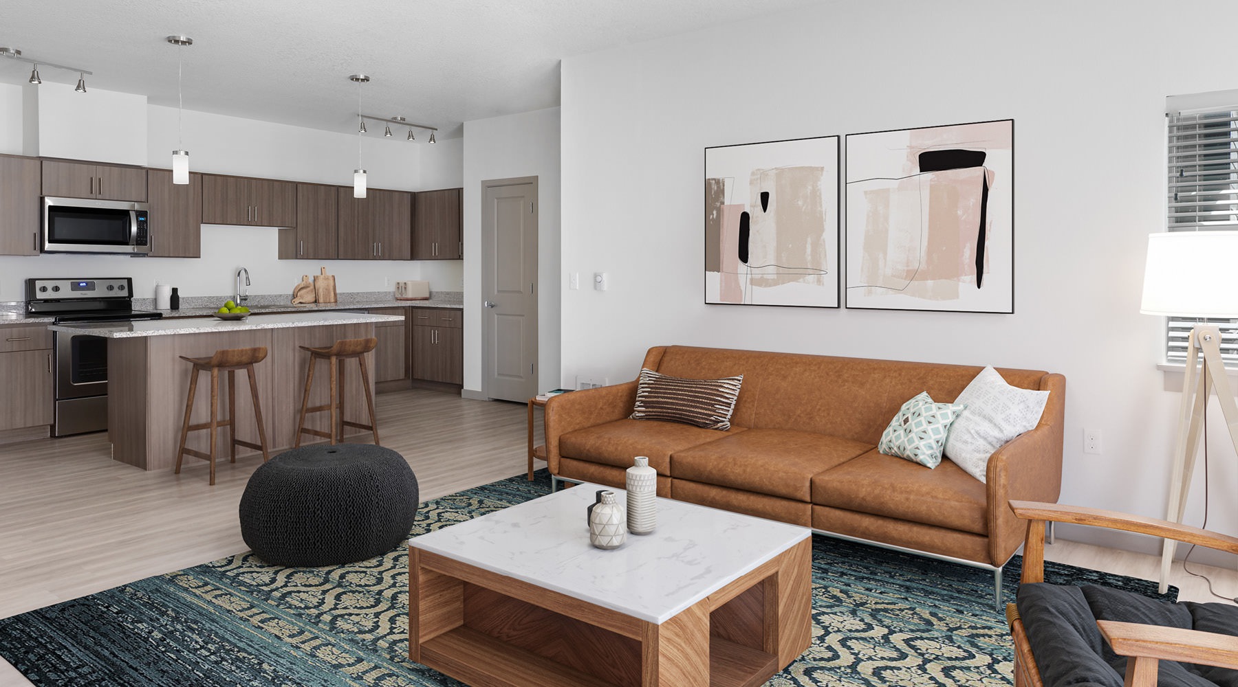 a living room with a couch and a table