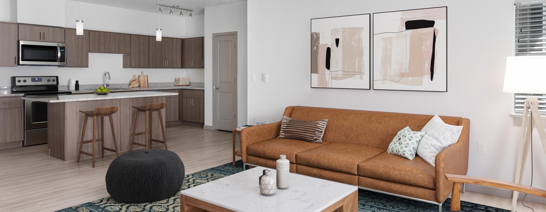 a living room with a couch and a table